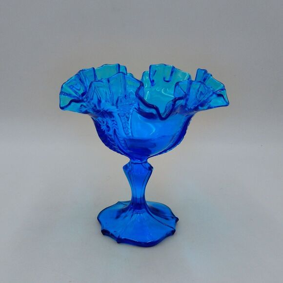 Fenton Colonial Blue Drape Pattern Ruffled Candy Dish Compote 6 Inch - Picture 1 of 6